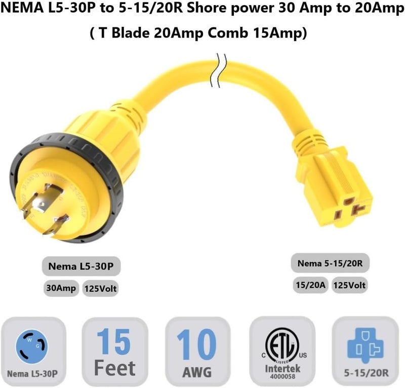 ADCAUDX سلك تمديد بحري بطول 15 قدم 30 أمبير إلى 20 أمبير، NEMA L5-30P إلى 5-15/20R، 10AWG 30 أمبير إلى 20 أمبير كابل تمديد بحري، قفل لولبي 125 فولت 30A إلى 20A/15A 110V لمخرج قارب، RV - Image 2